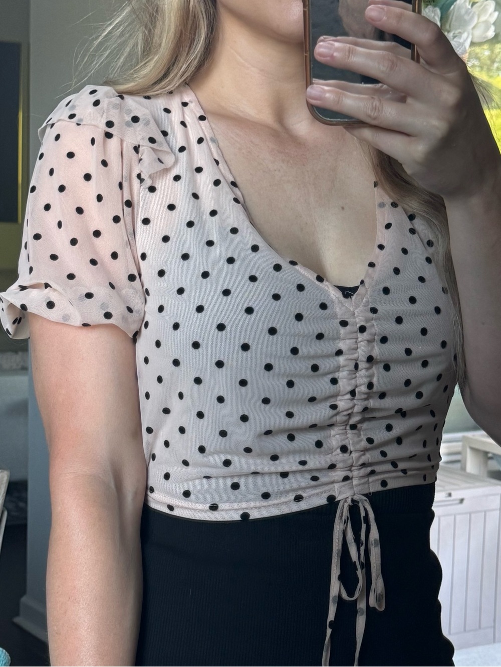 LE LIS Polka Dot Sheer Puff Sleeve Top - Peachy Tone Cream and Black - Picture 12 of 14